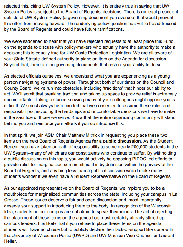 d8alder's tweet photo. Earlier today, @ElenaHaasl and I sent a letter to Olivia Woodmansee, Student Rep. on the UW Board of Regents. We made a request of her to include both UW Caste Protections and Student Relief Funding on the next agenda. Students may email her comments at owoodmansee@uwsa.edu https://t.co/WiGVPLhBor