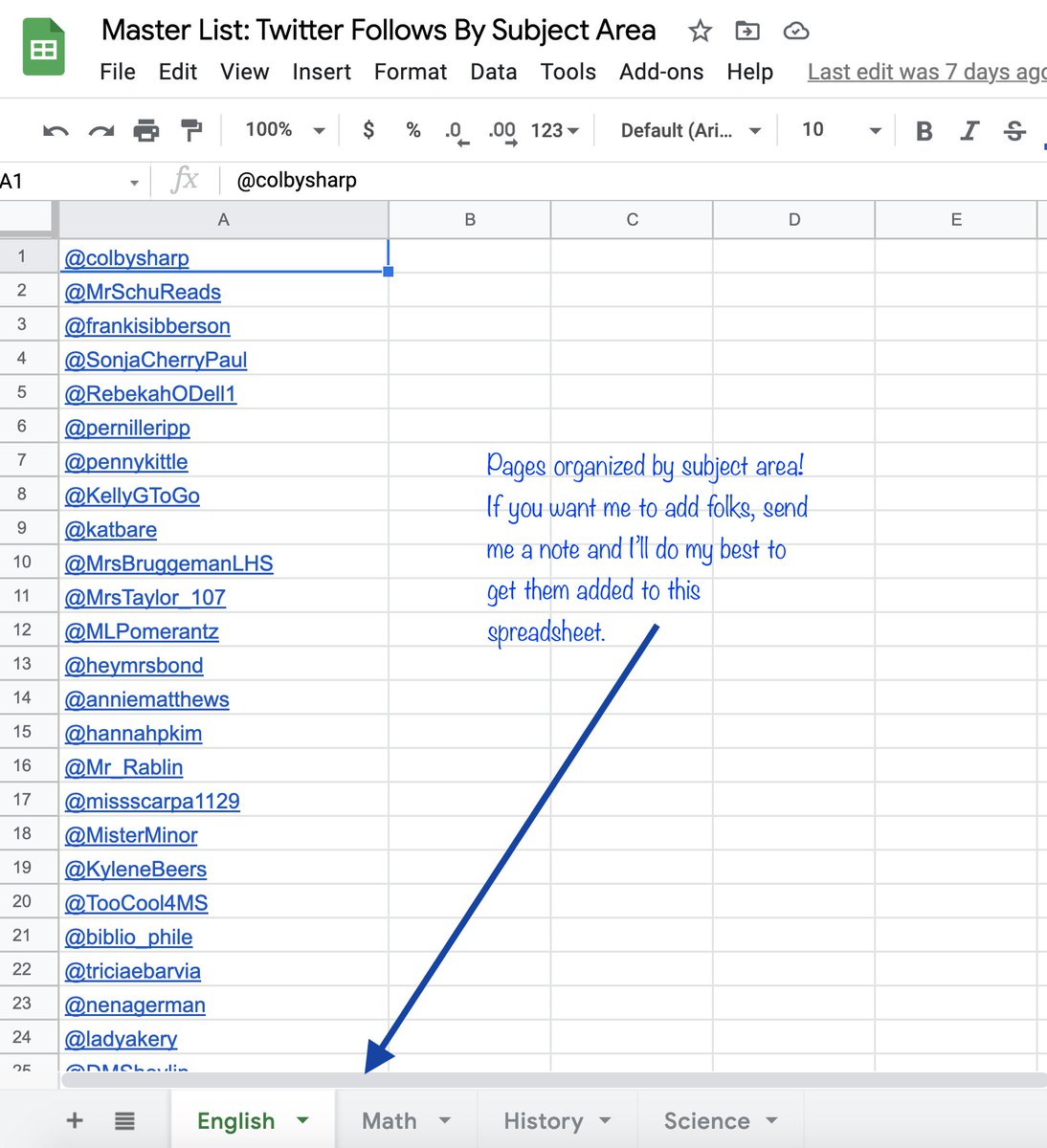 Catlin_Tucker's tweet photo. A few weeks ago, I requested recommendations for #English, #history, #science, #math #teachers that my teacher candidates should follow/connect with. I've taken the suggestions &amp; created a spreadsheet in case these lists help others Ts build their #PLN.  https://t.co/A0KjYEhhrG https://t.co/5H91TURSOK