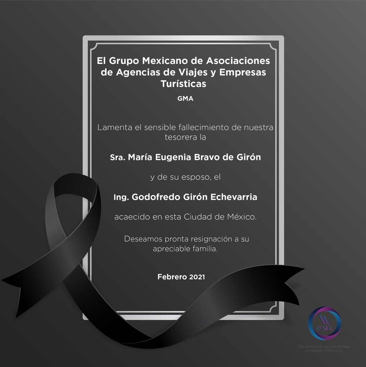 Expresamos nuestras condolencias por la sensible pérdida de la Sra. María Eugenia Bravo de Girón y el Ing. Godofredo Girón Echevarria.

QDEP.