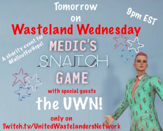 medic_wasteland's tweet photo. As a mentioned in my stream (once or twice)! Tomorrow night is a special Wasteland Wednesday on UWN!!!! 

9pm EST watch a special night for #FalloutForHope #TexasRelief charity event!!

@UWastelanders https://t.co/wnHibr8kya