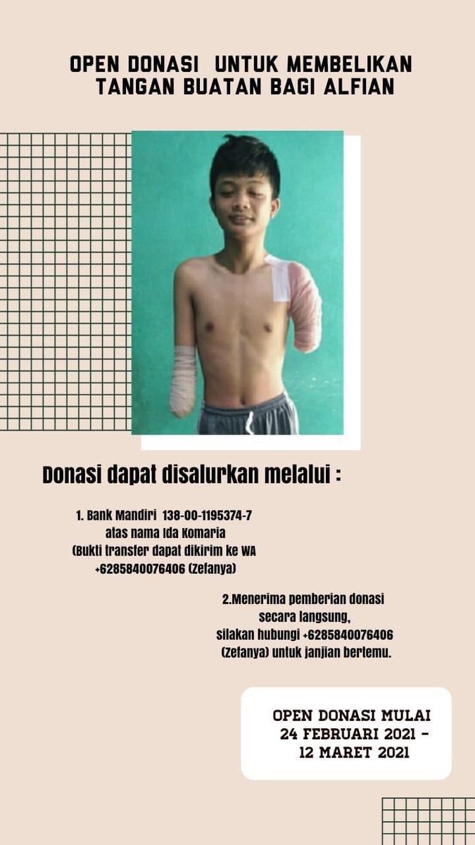Hallo orang baik  👋

Aku ingin mengajak kalian berdonasi untuk pengobatan kak alfian,berikut ceritanya :

Nama : Alfian Fahrul N
Alamat : RT 03 RW 02 Dalem, Sawit Gantiwarno Klaten, Jawa Tengah.