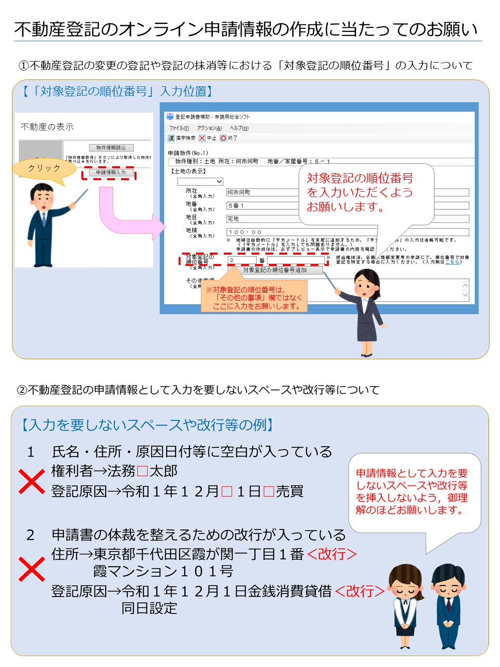 登記 供託オンライン申請システム 月末 法務局には集中して多くの不動産登記の申請 がされ 登記が完了するまでに時間を要することが予想されますので 手続のオンライン申請情報を作成される場合に順位番号や空白等を入力するときには以下の画像の点に御 登記 供託オンライン申請システム 月末 法務局には集中して多くの不動産登記の申請 がされ 登記が完了するまでに時間を要することが予想されますので 手続のオンライン申請情報を作成される場合に順位番号や空白等を入力するときには以下の画像の点に御