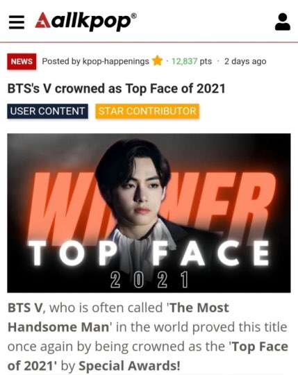 Bts V Union S Tweet Foreign Media Allkpop Reported That Btsv Was Crowned The Top Face Of 21 By Online Media Special Awards V Has Been Sweeping Various Handsome Titles W