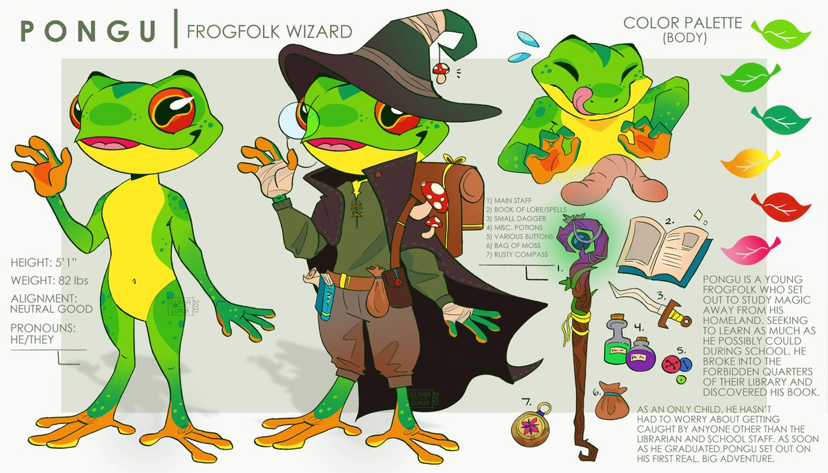 iguanaguavaa's tweet photo. MEET PONGU!! my newest DnD character for a new upcoming campaign with some very good friends! he’s a very colorful frogfolk wizard and i love him to death. he’s gonna be so fun to play!! #frogfolk #dnd5e #dungeonsanddragons https://t.co/HBfOZWGBo5