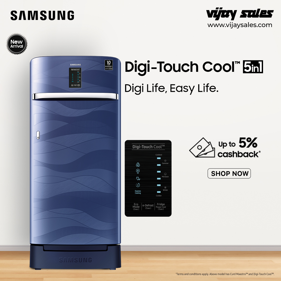 VijaySales's tweet photo. The easy way to keep cool is with Samsung Digi-Touch Cool! ❄️
Shop now at your nearest store to avail of a cashback of 5%. Hurry!
#SamsungRefrigerator #DigiTouch https://t.co/1mRqPysePP