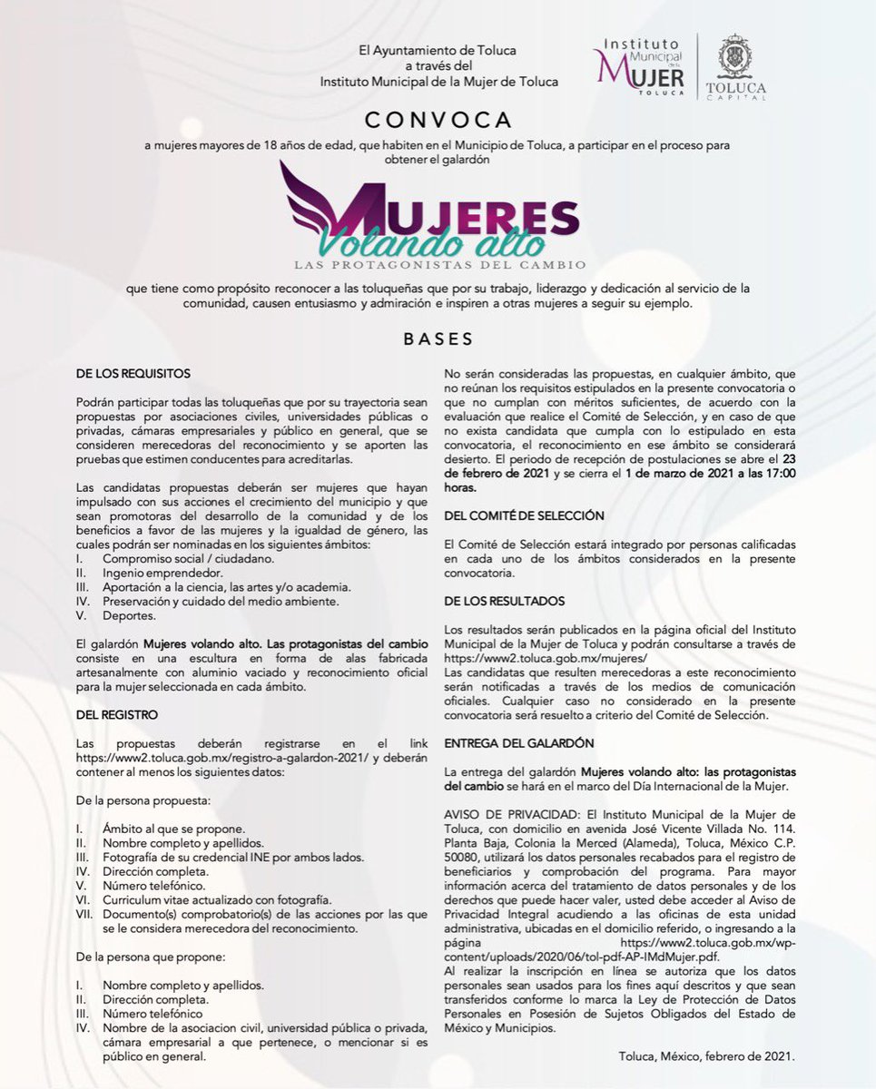 mujer_toluca's tweet image. Estamos buscando a las Toluqueñas más destacadas, participa para recibir el galardón “Mujeres volando alto, las protagonistas del cambio” regístrate aquí 👉🏼 bit.ly/3kjRDOM
