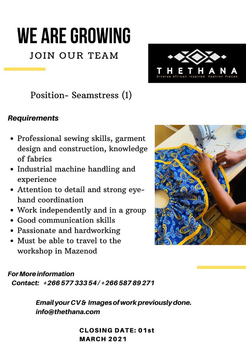 Job opportunity, we are looking for a Seamstress. Please submit your Profile if you are eligible &amp; meet the requirements. Please  share with your networks. #JobsLesotho #FashionIndustry #JobsMaseru #Thethana #AfricanFashion