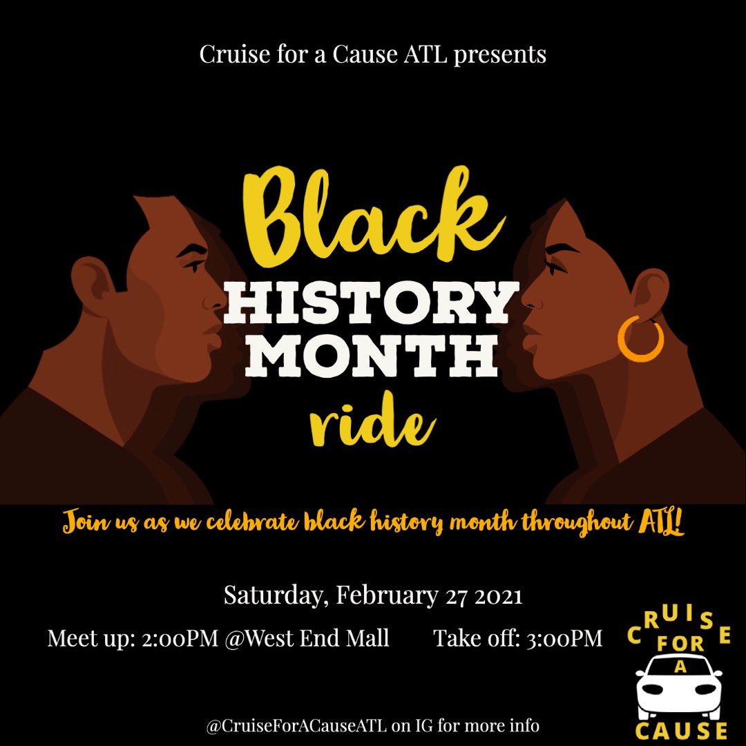 ATLC4AC's tweet photo. Join us this Saturday for our Black History Month ride🖤! Decorate your cars to pay homage to your favorite black historian!! 

Dm us if you have any questions! 

#blackhistorymonth #cruiseforacauseatl #atlantaride #BlackHistory https://t.co/1TdZ4B3bA6