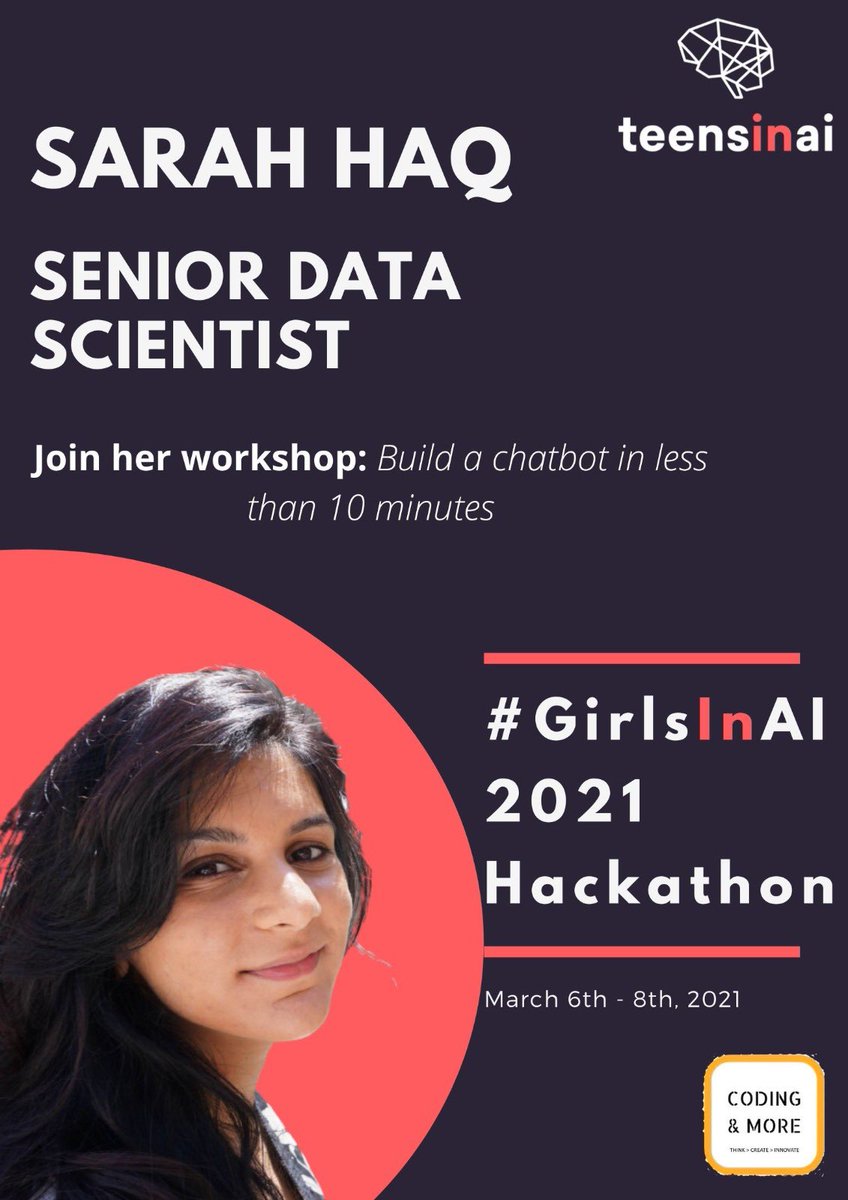 BhuwalkaSupriya's tweet photo. Sarah is an experienced data scientist skilled in designing machine learning. During our #GirlsinAIhackathon, she is going to do a workshop on how to build a Chatbot using Telegram and Python in under ten minutes. Watch this space- will be sharing the live link soon. @TeensInAI https://t.co/4GoVZb2XWe