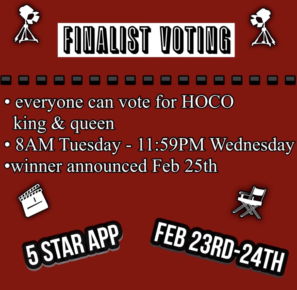 Claremont_ASB's tweet photo. VOTING IS OPEN ON THE 5 STAR APP!! Vote for who you think should be the next Homecoming king &amp; queen! Voting closes 2/24 (TOMORROW) at midnight!!!❤️🖤 https://t.co/wRMLugqGua