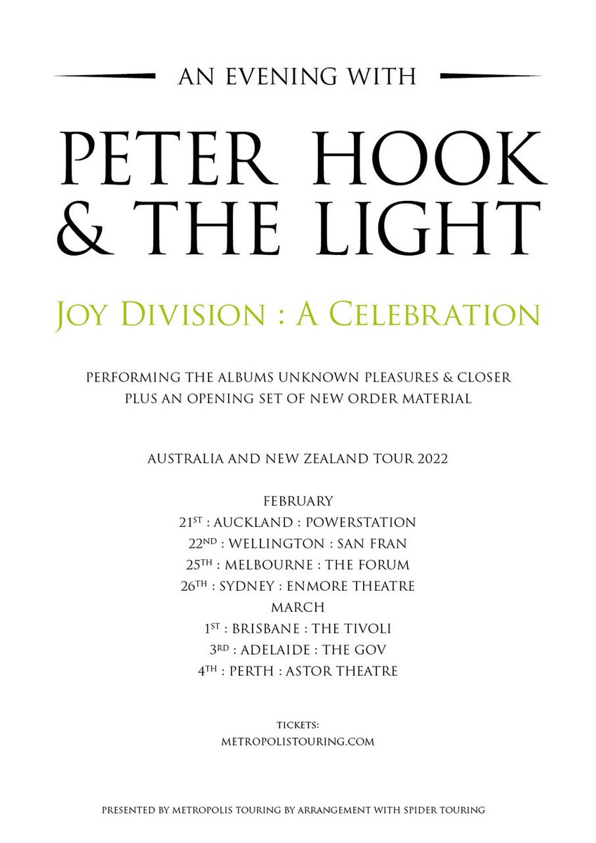 Peter Hook (@peterhook) on Twitter photo Delighted to announce our return to Australia & New Zealand for February/March 2022! 🇦🇺 🇳🇿
All shows will feature both <a href="/joydivision/">Joy Division</a> albums in full w/ singles, B-sides & more, PLUS an additional opening set of New Order material.
Tix go on sale March 1st via <a href="/MetropolisTour1/">Metropolis Touring</a>! Delighted to announce our return to Australia & New Zealand for February/March 2022! 🇦🇺 🇳🇿
All shows will feature both <a href="/joydivision/">Joy Division</a> albums in full w/ singles, B-sides & more, PLUS an additional opening set of New Order material.
Tix go on sale March 1st via <a href="/MetropolisTour1/">Metropolis Touring</a>!