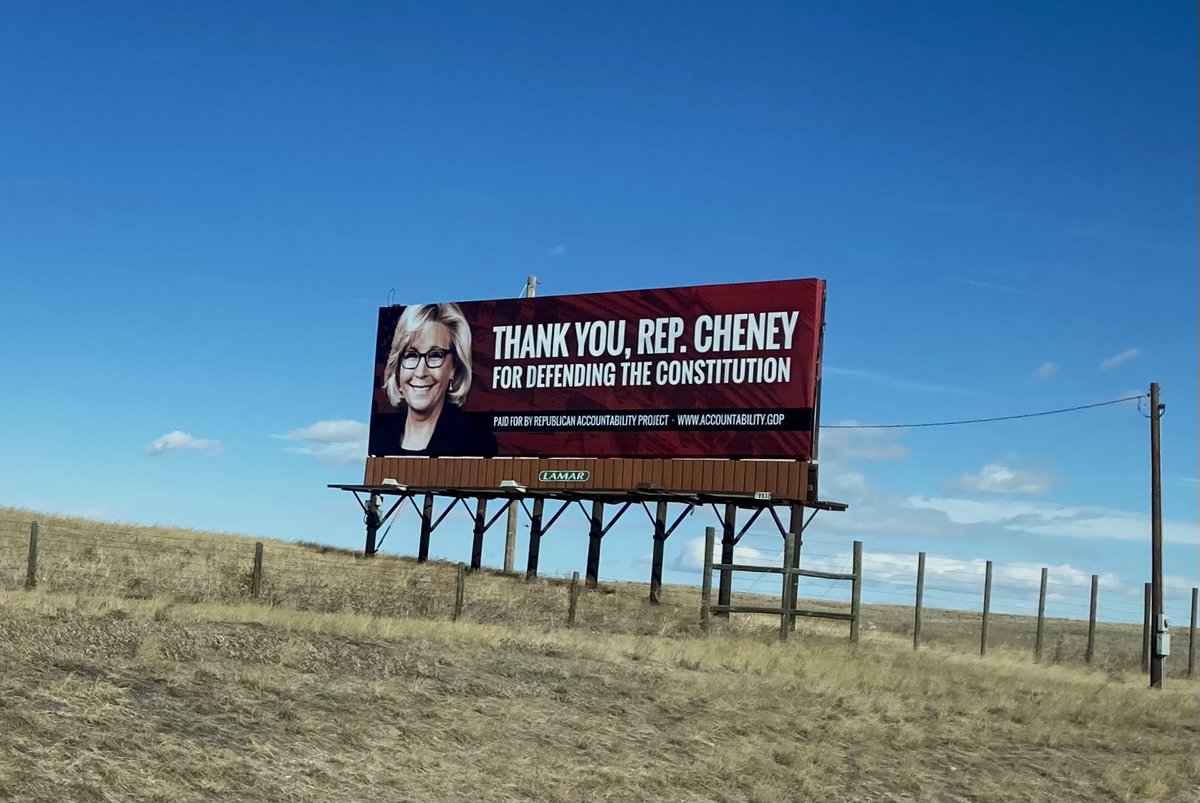 OliviaTroye's tweet photo. One of our supporters snapped this pic of our Thank You Rep. Liz Cheney billboard! Thank you all for helping us support those who took a stand for our constitution! #CountryOverParty 
@AccountableGOP https://t.co/388nZqEAxs