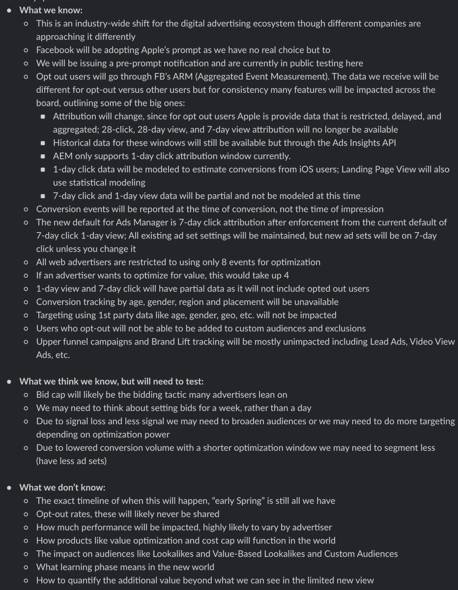 For all confused about iOS 14 + Facebook Ads, here is our latest guidance from FB. It's organized into what they know, what they might know, and what they do not know.

This is honestly the most helpful and actionable recap we've received yet. Hope it's helpful!