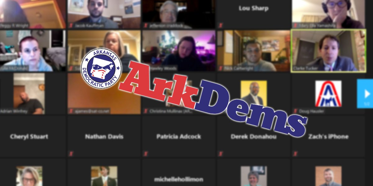 ArkDems's tweet photo. GREAT showing tonight at our County Party Officer Legislative Update with leaders from 40 counties attending. A special thank you to our guest, one of the best of us, Senator @clarketucker. #ARvoice #ARfight #ARstate #arpx https://t.co/OjyeALKBVe