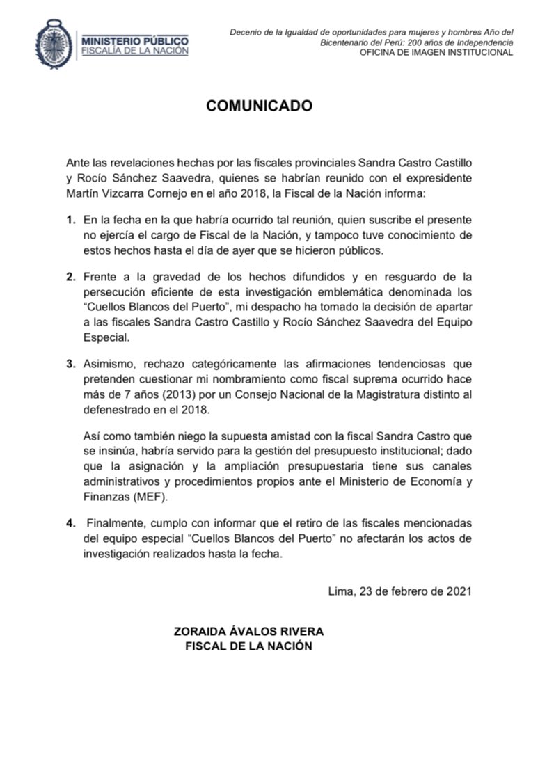 FiscaliaPeru's tweet photo. #Comunicado de la Fiscal de la Nación, Zoraida Ávalos, sobre la separación de las fiscales provinciales Sandra Castro y Rocío Sánchez del Equipo Especial de los “Cuellos Blancos del Puerto”. https://t.co/0HjPjrSK7J
