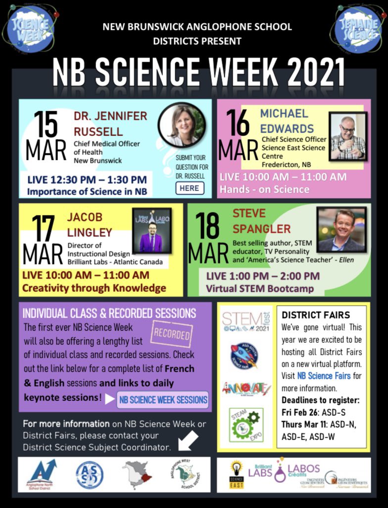 Mark the week of March 15-18, 2021 as NB SCIENCE WEEK! 
All four anglophone districts have collaborated to bring teachers and students a week of amazing keynotes, live sessions and incredible Science learning! #asdelearns