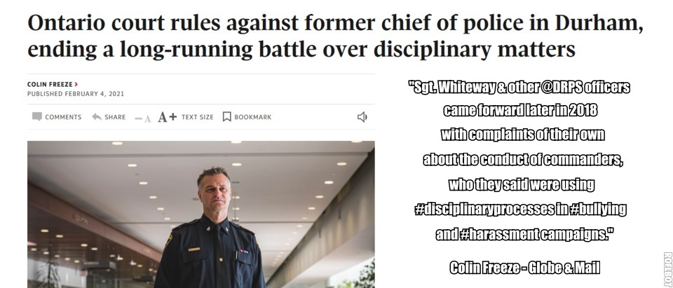 RobinEdgar's tweet photo. @DRPSDiversity @DRPS @drps_yip Ontario court rules against former chief of police in #Durham 

"Sgt. Whiteway &amp; other @DRPS officers came forward later in 2018 with complaints of their own about the conduct of commanders, who they said were using #disciplinaryprocesses in #bullying and #harassment campaigns." https://t.co/18CMRZWGDs