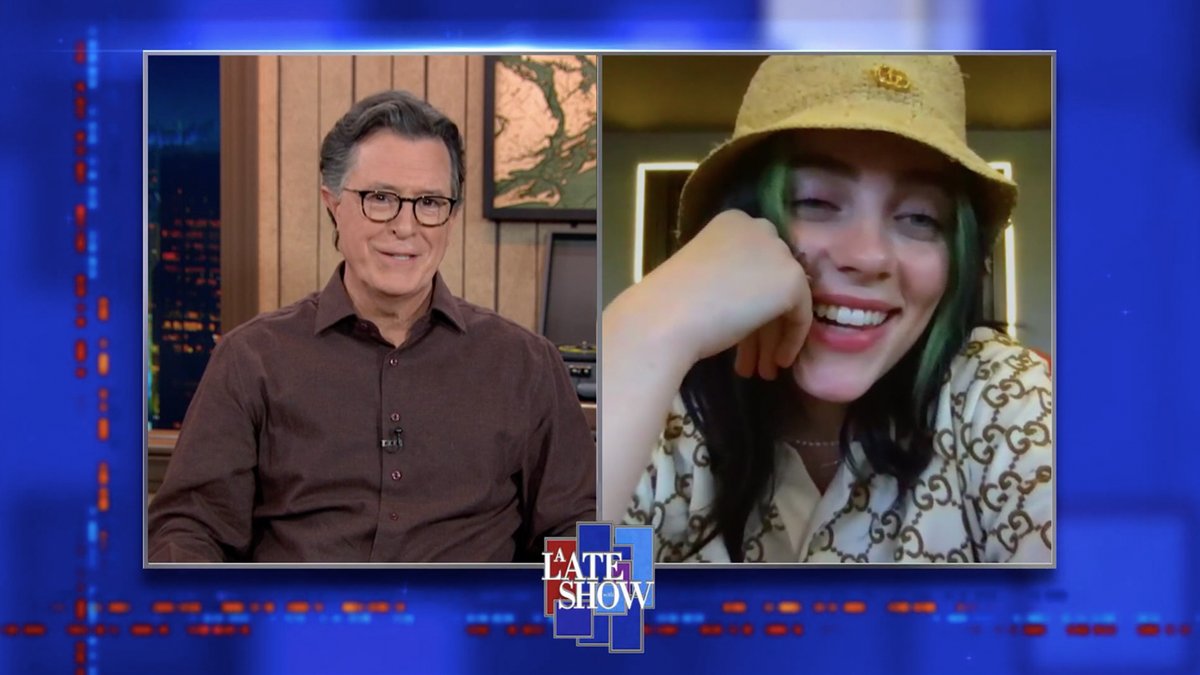 The Late Show (@colbertlateshow) on Twitter photo Don't miss <a href="/billieeilish/">billie eilish</a> talking to <a href="/StephenAtHome/">Stephen Colbert</a> tonight on #LSSC! #TheWorldsALittleBlurry
11:35pm ET/PT on <a href="/CBS/">CBS</a> Don't miss <a href="/billieeilish/">billie eilish</a> talking to <a href="/StephenAtHome/">Stephen Colbert</a> tonight on #LSSC! #TheWorldsALittleBlurry
11:35pm ET/PT on <a href="/CBS/">CBS</a>