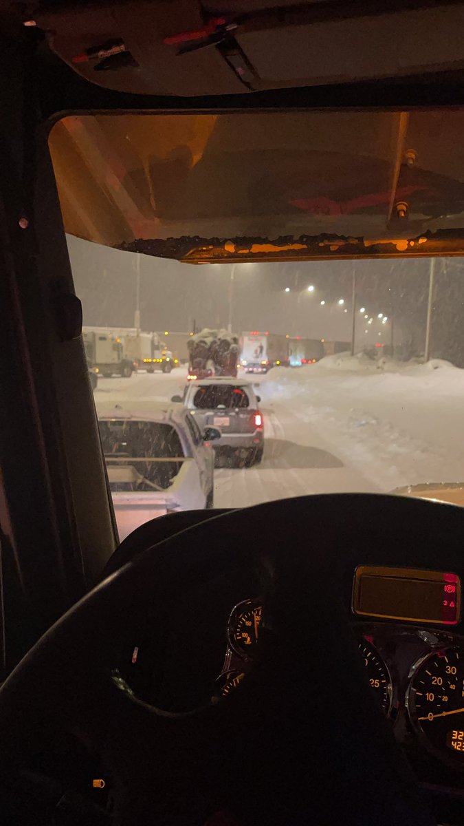 Krivo46's tweet photo. @DriveBC Been here since 4:30. Chained up and waiting to go north from box canyon https://t.co/l1yvCRbmMT