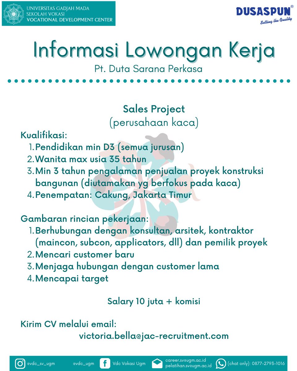 Halo Sobat VDC!
PT Duta Sarana Perkasa membuka lowongan untuk Sales Supervisor dan Sales Project. Informasi lebih lanjut bisa disimak di poster ya!

#karir2021 #lowker2021 #rekrutmen #rekrutmen2021 #lowkerjakarta