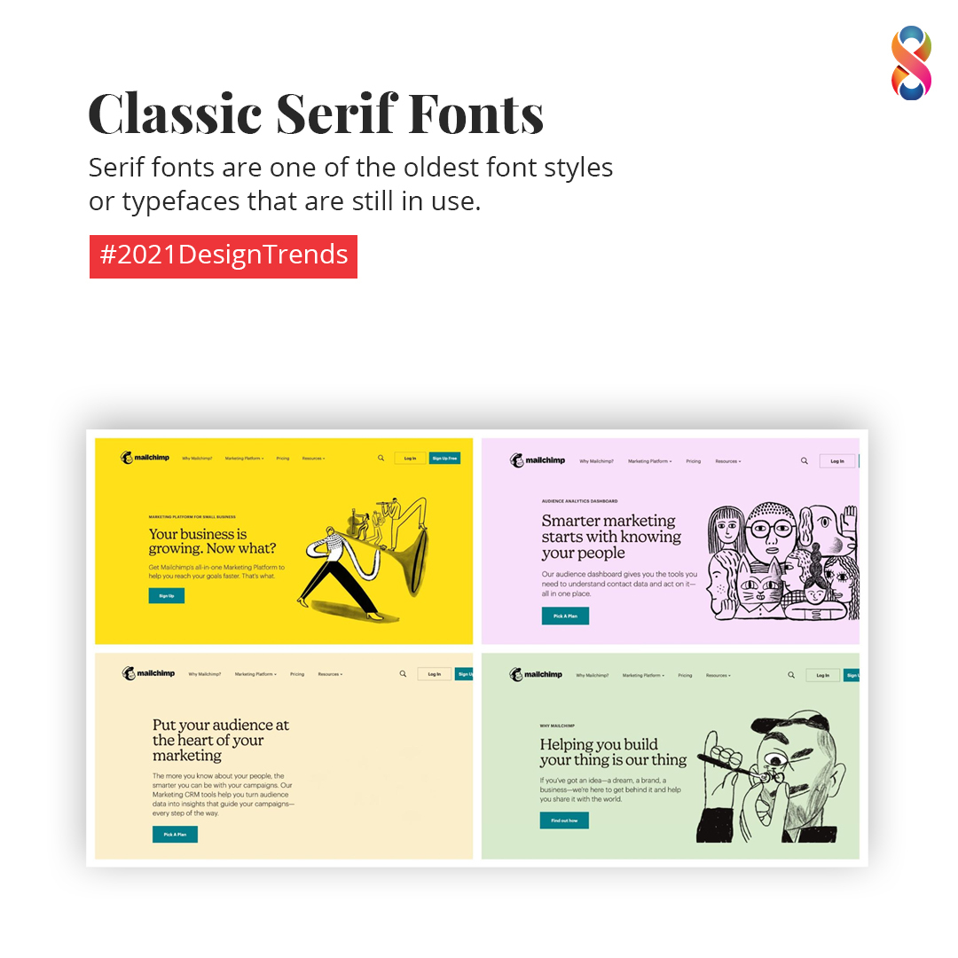 bloop__com's tweet image. #2021DesignTrends - Serif fonts date back to the 15th century and have been in use ever since then. 
Because of this, serif fonts are commonly seen as classic, elegant or trustworthy. They can evoke a feeling of nostalgia for a large chunk of the population.
#360DegreeMarketing