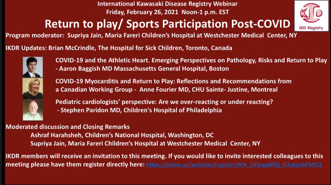 Join us at the upcoming IKDR webinar “COVID 19 return to play” this Friday 2/24 at noon zoom.us/webinar/regist… #COVID19 #returntoplay #MISC <a href="/DrJenniferCo_Vu/">Jennifer Co-Vu, MD, FACC, FAAP, FASE</a> <a href="/scmrchd/">@SCMRchd</a> <a href="/ACCinTouch/">American College of Cardiology</a> <a href="/NIH/">NIH</a> <a href="/AHANewYorkCity/">AHA in New York City</a> <a href="/rahulrathodmd/">Rahul Rathod</a> @AnthonyMerlocco <a href="/Kfarooqi/">Dr. Kanwal M Farooqi</a> <a href="/SimoneJhaveriMD/">Simone Jhaveri MD</a> <a href="/MontefiorePeds/">Children’s Hospital at Montefiore Einstein</a>