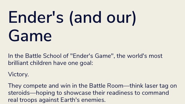 Ender's Game is a book about children, but I think its popularity comes from how it speaks to the inner children in all of us.

In the book, some obsessed about winning and losing the game

Others saw through the game as a construct, imposed on them by their little society: