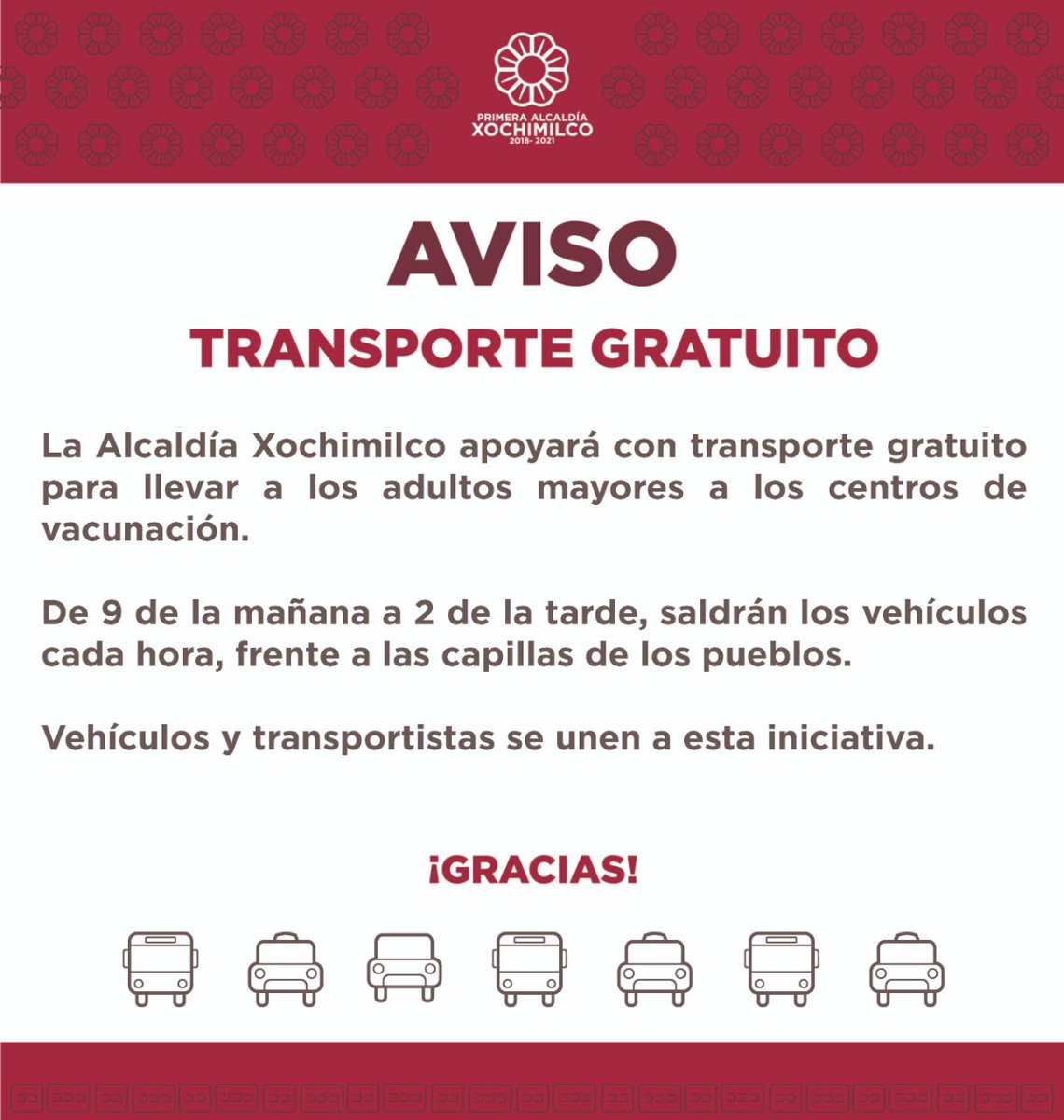 XochimilcoAl's tweet photo. 🔴 ATENCIÓN🔴

Este transporte gratuito únicamente saldrá de los pueblos de #Xochimilco. Este servicio estará disponible todos los días de vacunación: del 24 de febrero al 5 de marzo. https://t.co/LoWmcsTC3z