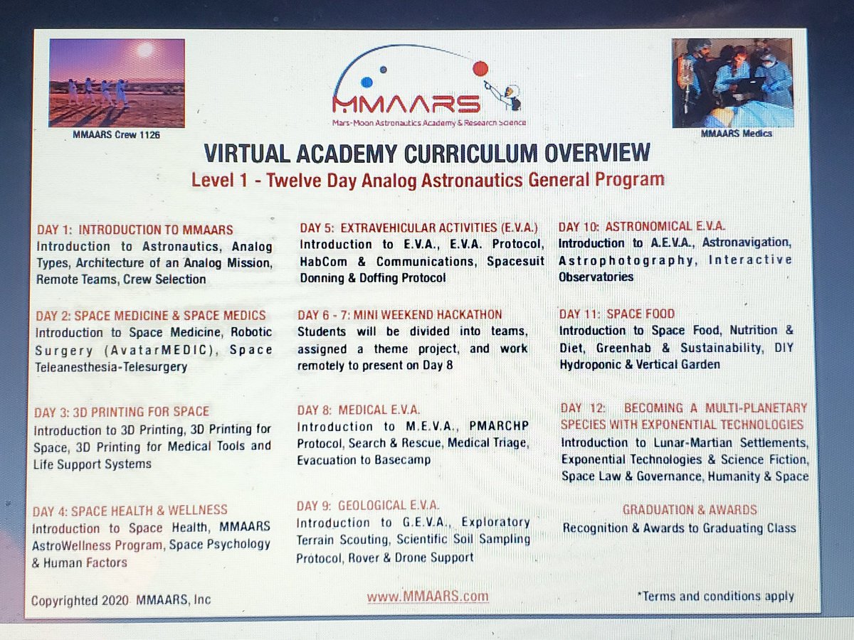 MmaarsI's tweet photo. MMAARS Astronautics Academy Virtual 1 Training Program LEVEL 1 curriculum. This is 12 Days/ 3 hours/ Day on zoom, slack and Canvas. Next schedule Class sessions starting 26th March, 11th June, 23rd July 2021. Register at MMAARSacademy@gmail.com  https://t.co/bZXtnsNnkI https://t.co/ANcdNGnIEl