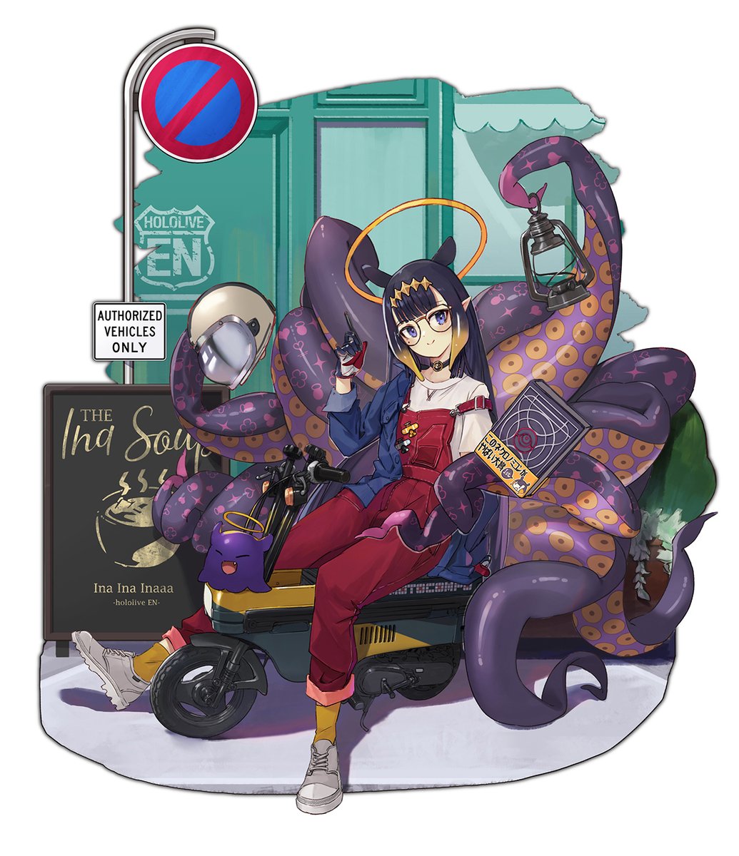 mori calliope ,takanashi kiara multiple girls motorcycle 2girls ground vehicle motor vehicle pink hair sunglasses  illustration images