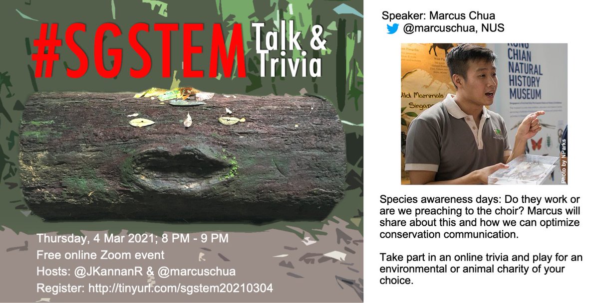 marcuschua's tweet photo. The next speaker for #SGSTEM Talk &amp; Trivia is this chap who will be sharing about 🦛🐋🐻‍❄️species awareness days—do they work and how we can optimise conservation communication.

Never thought I'll be pimping myself on #SGSTEM.

Thu, 4 Mar, 8 PM SGT
RSVP: https://t.co/1hrIB5WwyB https://t.co/zlsYeENwAT