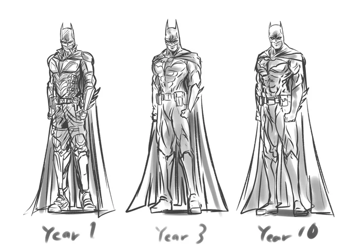 バットマンスーツ変遷10年目には筋肉つきすぎて逆にシンプルになる#batman#イラスト 