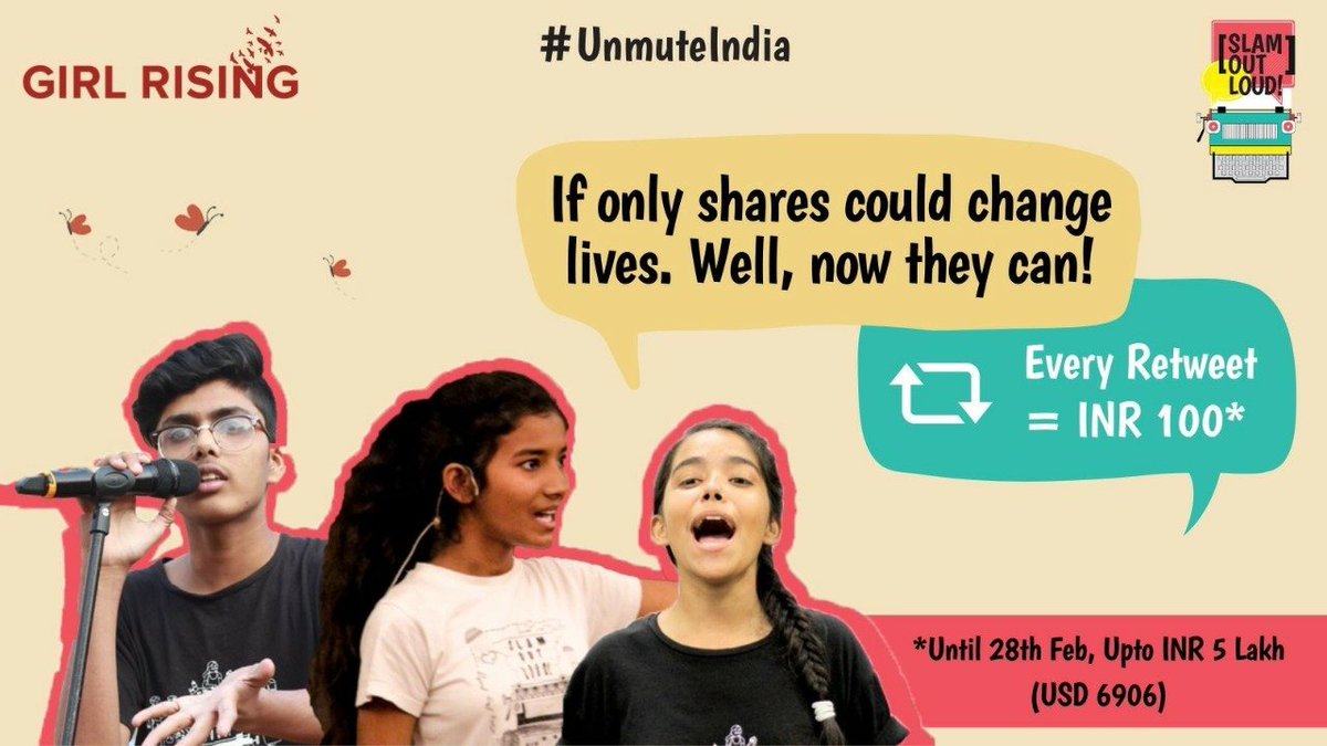 This week, our Impact Partners @girlrising & @GirlRisingIndia are supporting our mission to #UnmuteIndia! For each retweet on this tweet, Girl Rising will donate INR 100 to SOL’s mission of fostering children’s voices. To join the movement, please visit: bit.ly/DonateToSlamOu…