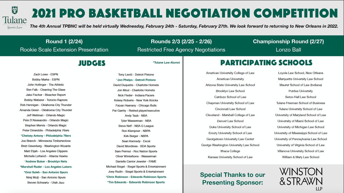 TulanePBNC's tweet photo. With the 2021 TPBNC slated to begin tomorrow, we wanted to share with you the complete list of judges and participating schools involved. We would also like to thank our presenting sponsor - @WinstonLaw - for helping us put this competition together! https://t.co/NgqCA9MzSG