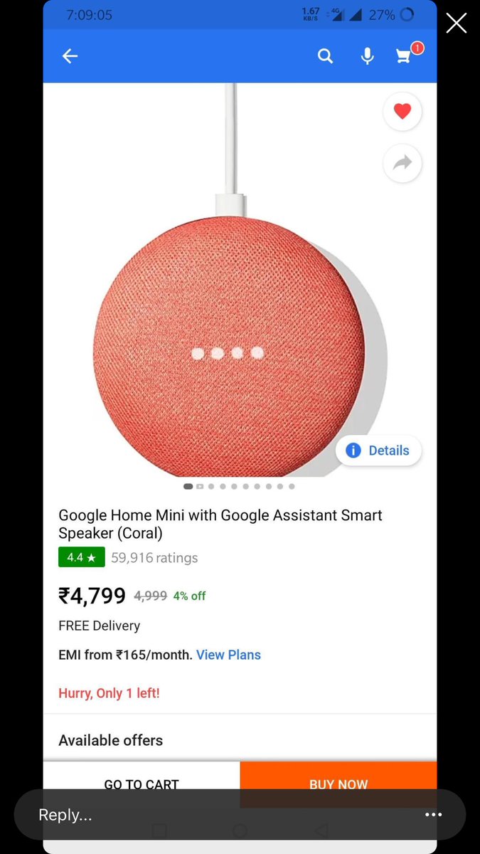 Hello @Flipkart Team , Yesterday Almost All users Won Coral Color Google home mini 499/- By complte task of game. But facing issue in price error , due to that we unable to orders the same . Here need to mention 4999 for use voucher solve this Price error.