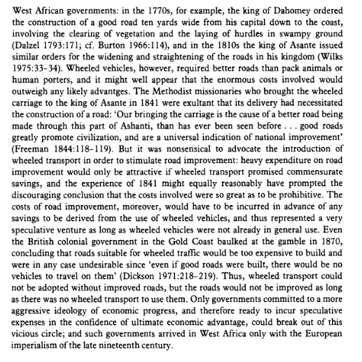 The wheeled transport's adoption in Kongo (and africa) was impeded by the tsetse fly barrier where draught animals like horses and oxen were prone to disease and the fact that trade to the interior wasn’t sufficient enough to justify investment in both roads and wagons 9/