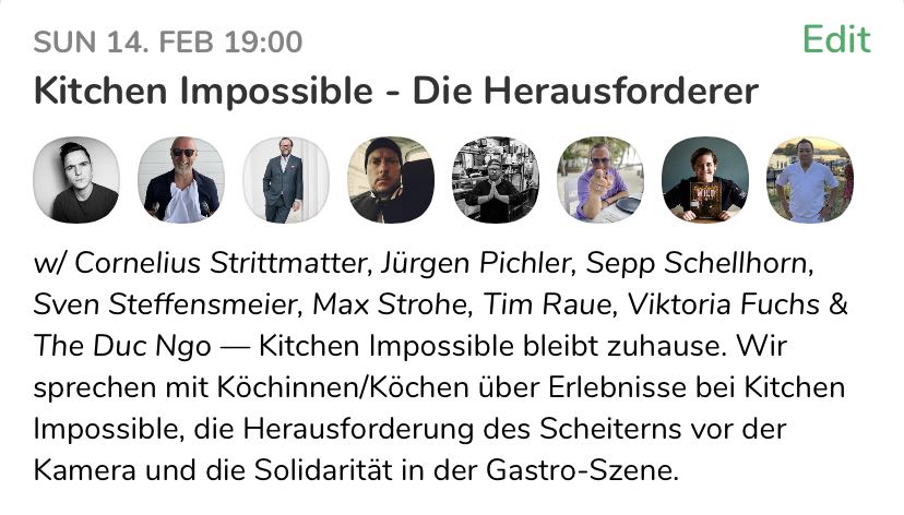 Vormerken: Vor dem #KitchenImpossible-Staffelstart sprechen wir am So. um 19 Uhr mit bisherigen Herausforderern bei Clubhouse: joinclubhouse.com/event/m2Ea8A64