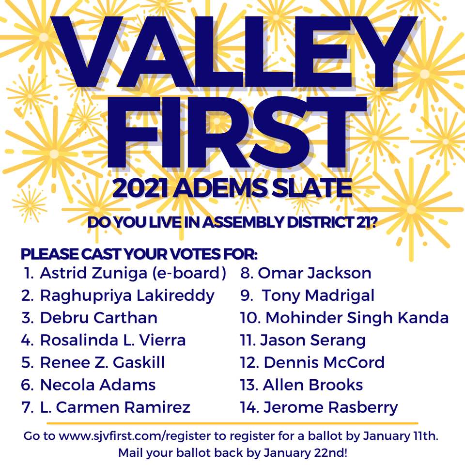 Assembly District 21 in Modesto and Merced had two mostly overlapping slates. Of these, Valley First won, with all 14 of their candidates elected to be AD21  #ADEM delegates.  https://adem.cadem.org/assembly-districts/ad-21/