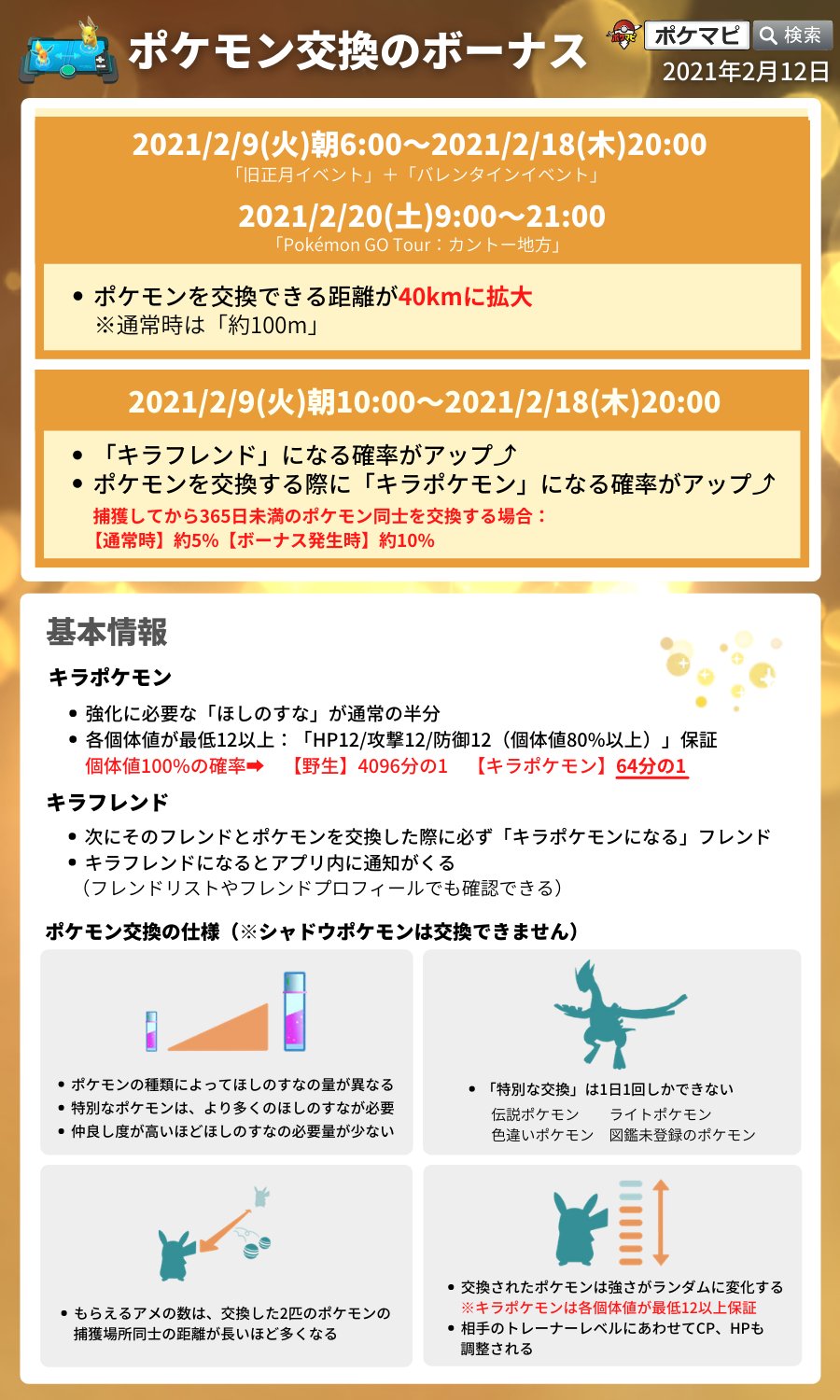ポケモンgo攻略情報 ポケマピ 交換距離拡大は2 18 木 時まで 旧正月 バレンタイン キラフレ キラ交換の確率up 交換できる距離が40 に拡大 ポケモンgoツアーカントー地方 2 土 9 21時 でも再び40 に拡大 交換画像ジェネレーター ポケモンgo攻略情報 ポケマピ 交換距離拡大は2 18 木 時まで 旧正月 バレンタイン キラフレ キラ交換の確率up 交換できる距離が40 に拡大 ポケモンgoツアーカントー地方 2 土 9 21時 でも再び40 に拡大 交換画像ジェネレーター