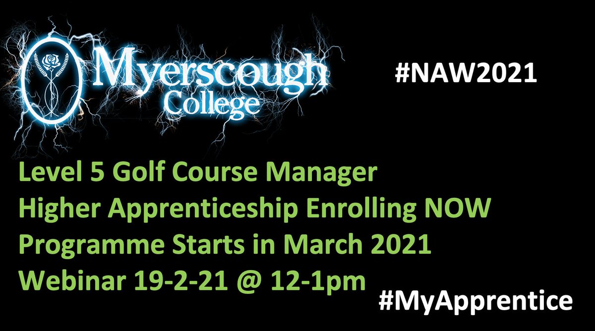 Looking to take the next step to the Level 5 Golf Course Manager Higher Apprenticeship? 
Our NEW Level 5 programme starts in March 2021. 
Join our webinar next Friday 19th Feb  12-1pm. 
Register here: forms.office.com/Pages/Response…
#NAW2021 #BuildTheFuture #Progression