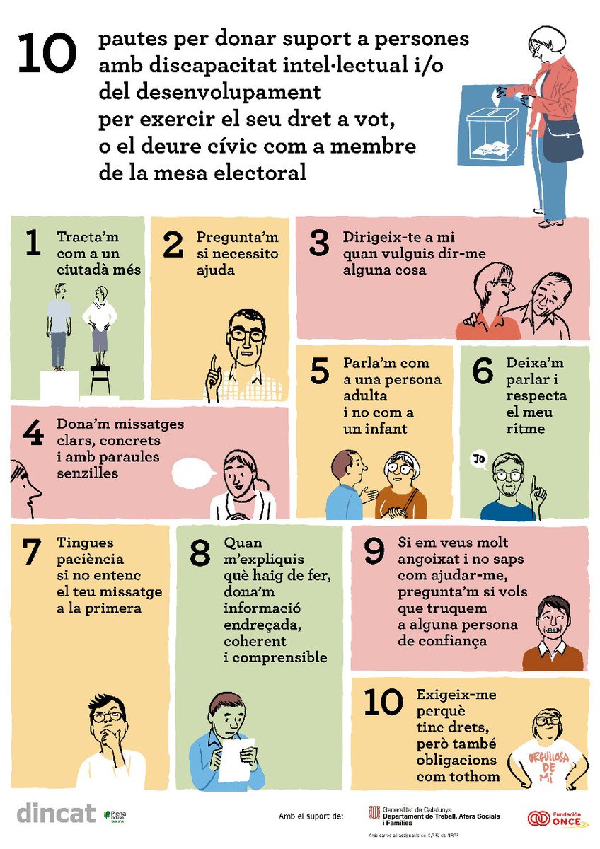 🗳#Eleccions14F. Reclamem a la Junta Electoral i partits polítics un procés electoral + accessible i compresible per persones amb discapacitat intel·lectual. Si formes part d'una mesa electoral aquest 14F, segueix aquestes 10 pautes👇#dretavot #NoSomInvisiblesTenimVot @_dincat