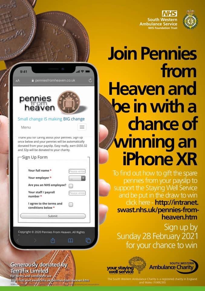 South Western Ambulance Charity 💚💙 (@swa_charity) on Twitter photo 🚑 Just TWO weeks left to register your interest to win an iPhone XR 💚
If you are a member of staff at <a href="/swasFT/">South Western Ambulance Service</a> search for ‘pennies from heaven’ on the Intranet and find out how you could win an iPhone XR 📱🤗
Any questions please message us or email charity@swast.nhs.uk 👍 🚑 Just TWO weeks left to register your interest to win an iPhone XR 💚
If you are a member of staff at <a href="/swasFT/">South Western Ambulance Service</a> search for ‘pennies from heaven’ on the Intranet and find out how you could win an iPhone XR 📱🤗
Any questions please message us or email charity@swast.nhs.uk 👍