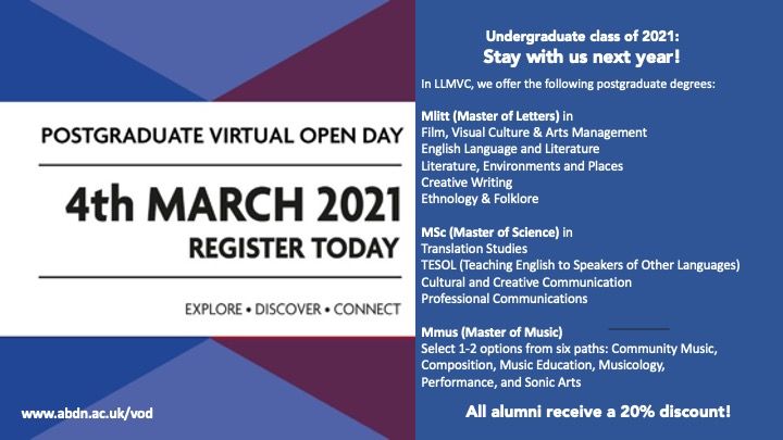 Are you interested in Postgraduate Study? Would you like to find out more? Sign up here for our Postgraduate Virtual Open Day on 4th March 2021 to get your questions answered: buff.ly/3l8Au9G