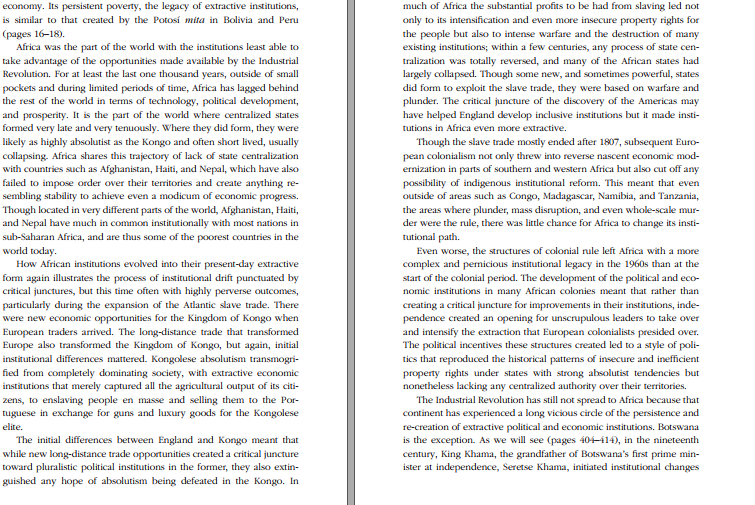 19/Pgs 115-116Here he states that Africa's centralized states formed late, were short-lived and couldnt take advantage of the new opportunities of European trade, that colonial rule strengthened absolutism leaving modern African institutions in an even more precarious position