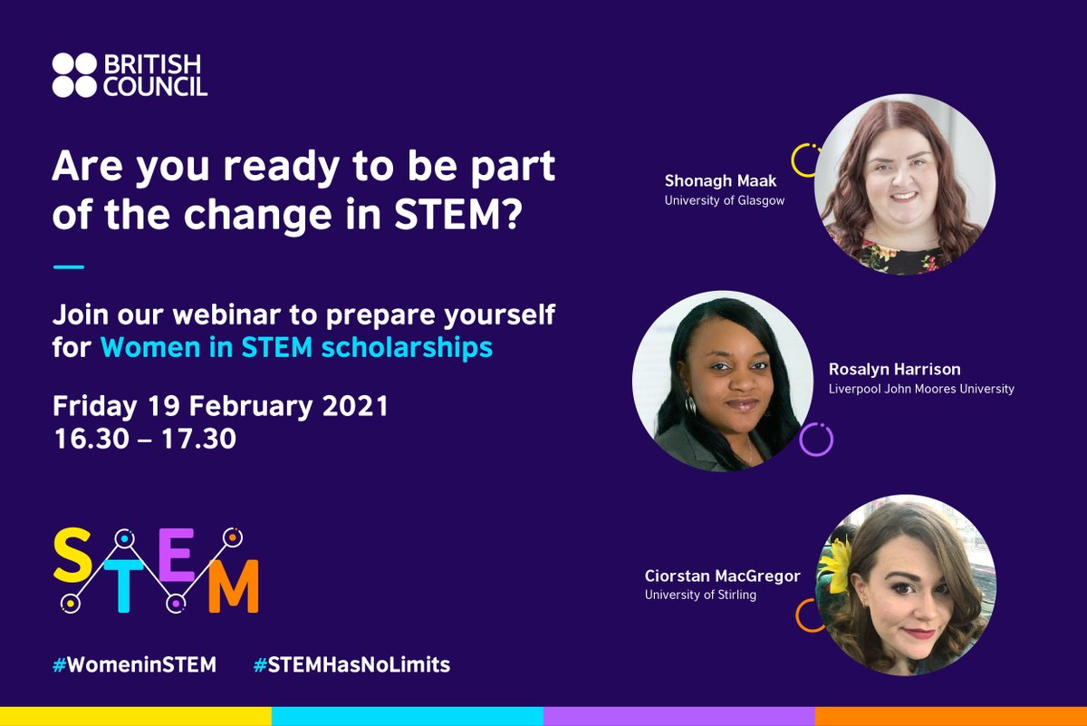 Join Women in STEM scholarships webinar and get some tips how to win scholarships on 19 Feb 2021 with <a href="/UofGlasgow/">University of Glasgow</a> <a href="/LJMU/">Liverpool John Moores University</a> <a href="/StirUni/">University of Stirling</a> at 16.30 - 17.30. Register now bit.ly/3rJW1sP #WomeninSTEM #STEMhasNoLimits <a href="/ukinthailand/">UK in Thailand 🇬🇧🇹🇭</a>