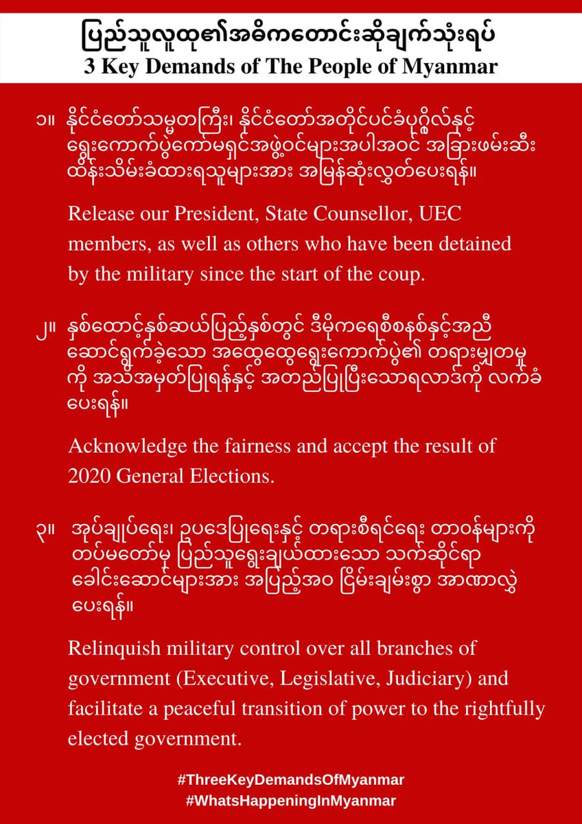 thiri_heather's tweet photo. #ThreeKeyDemendsofMyanmar
#whatshappeninginmyanmar https://t.co/grugpddHFV