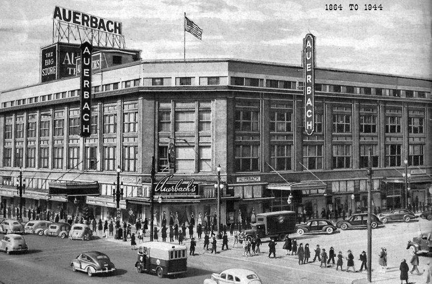 When Auerbach moved from the northeast corner of Broadway and State (where their old department store was torn down for the Centre Theater), they moved across the street to this building. In the 1970s, after they closed, it was renovated into its current structure: