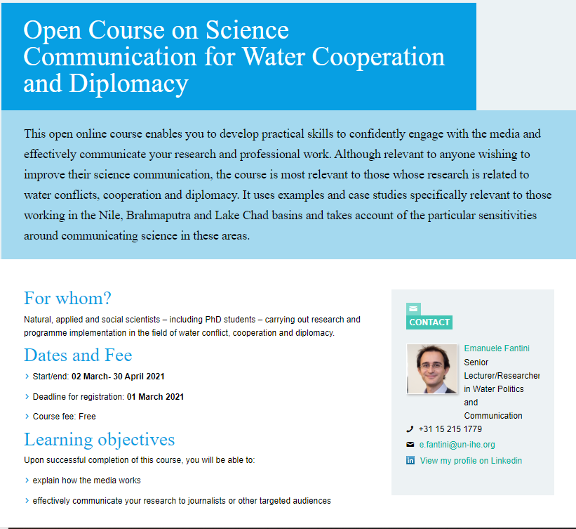 dupc_brb's tweet photo. The registration for the online course on science communication for water cooperation and diplomacy is finally open. 
https://t.co/lZhDtzcNzc
@Ana_13b @joydeepgupta @emanufanti @DUPC_2 @IHEWCD @ihedelft @aru_91 https://t.co/OPJmuuRFGd