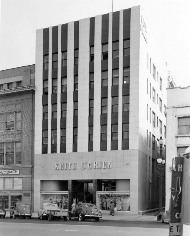 Keith O'Brien's, a department store, was actually originally located in the Auerbach building Auerbach moved to in the 1930s. Keith O'Brien's moved next door, and, why I do not know, completely reclad their historic building. It would later be reclad again in the 70s: