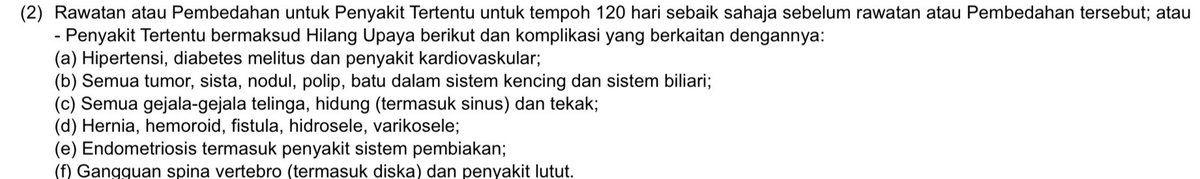 Selepas 120 hari - penyakit tertentu seperti kencing manis, darah tinggi, penyakit kardiovaskular, penyakit ENT, Hernia dan beberapa lagi penyakit specific korang boleh refer dekat Product Disclosure Sheet akan di cover.boleh tengok sini untuk detail 